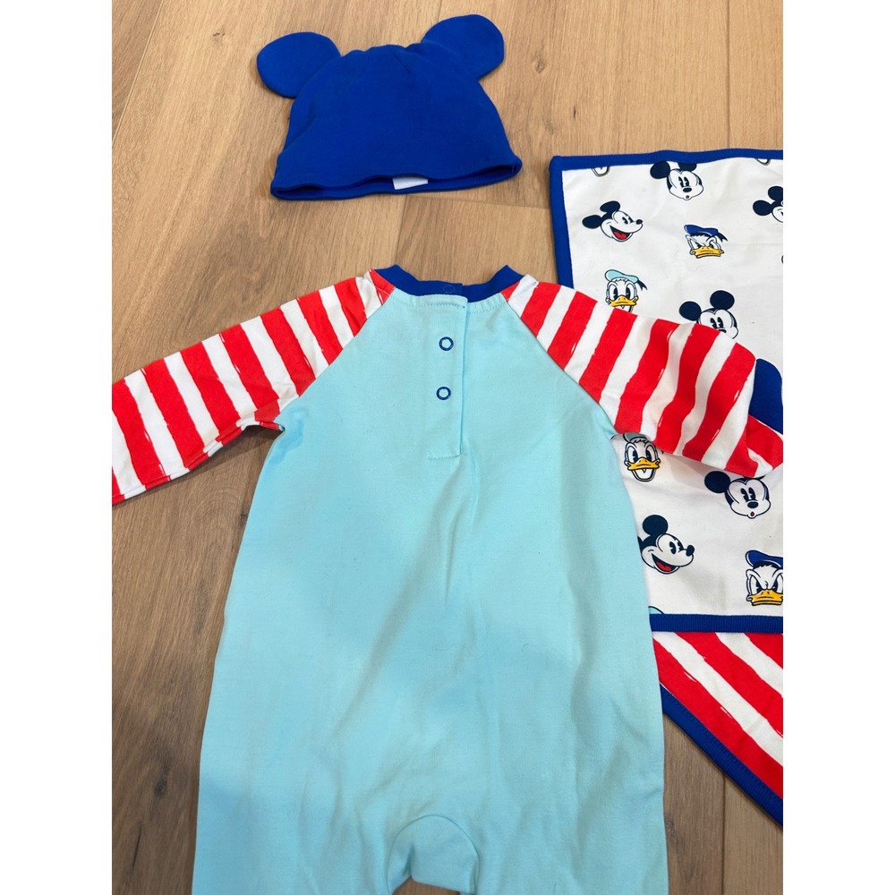 Disney Baby Boy Mickey Mouse Romper Hat and burp cloth Set 3-6 Months Blue Red - Picture 6 of 10